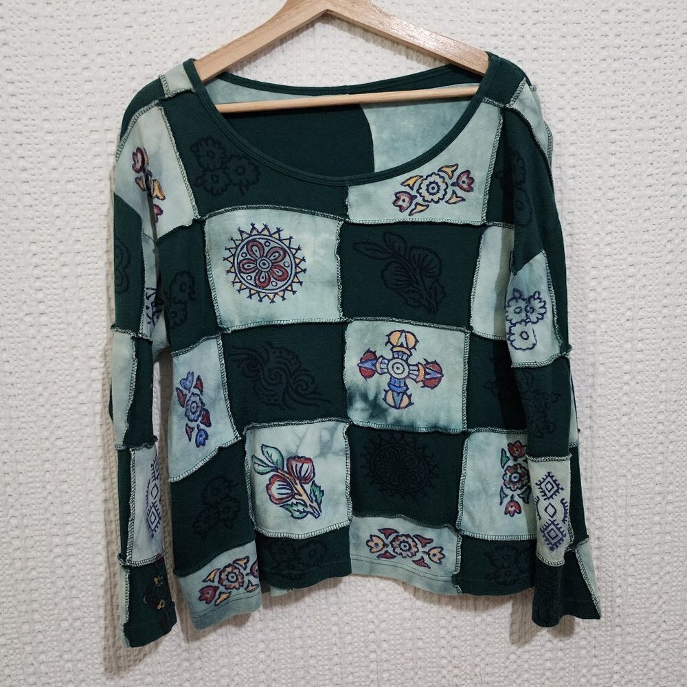 Vintage Y2K Lizzie Mcguire Inspired Patchwork Long Sleeve Boxy Crop Top X-Large - Picture 15 of 15